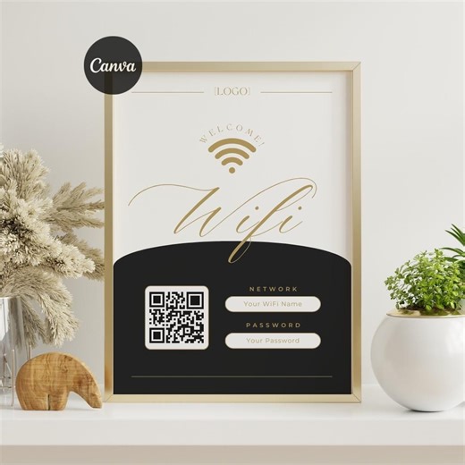 Modèle de plaque Wi-Fi modifiable : mot de passe Internet avec code QR, impression minimaliste pour petite entreprise, conception de flyer d'accès Wi-Fi pour invités or (toile) - Etsy France