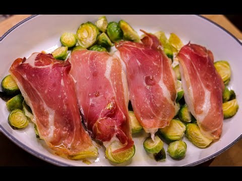 Prosciutto Covered Chicken over Brussel Sprouts- SUPER SIMPLE!