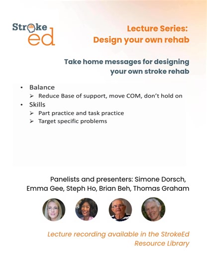 A snippet from the Design Your Own Rehab lecture. Watch the full lecture online to listen to panelists Emma Gee, Steph Ho, Brian Beh and Thomas Graham talk about their rehabilitation as stroke survivors. In this snippet, Simone discusses some take home messages on building your own rehab programme. To watch the full lecture, visit the StrokeEd resource collection here: https://strokeed.com/design-your-own-rehab/ | StrokeEd | Facebook