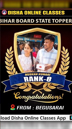Muskan Kumari Rank 8 🤩#dishaonlineclasses #trending #explore #topper #biharboard #100k #trend