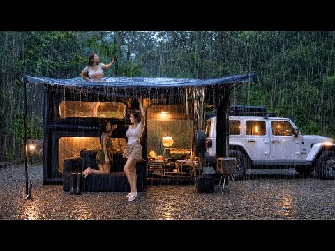 Camping in a Giant $3,600 2-Story Air Tent Amid Heavy Rain