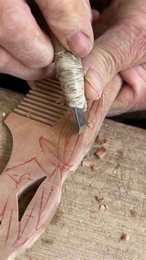 Carving a wooden comb shape using a very small metal tool carefully by hand today at home #viral