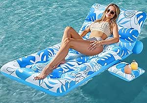 SLOOSH Adjustable Backrest Pool Floats - Tropical Leaves Pool Lounger Floaties Adults with Cup Holders, Inflatable Tanning Float Rafts Chair Beach Lake Lounge Floating Above Water Keep Cool (Blue)