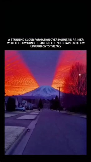 REACHX on Instagram: "Mount Rainier casts a dramatic upward shadow into the sky when the Sun sits very low on the horizon near sunrise or sunset. The Sun’s rays pass almost horizontally underneath a layer of mid level clouds and hit the summit, which blocks that light and projects a long triangular shadow into the glowing clouds above. Moist air flowing over the mountain is forced to rise, cool, and condense, forming smooth layers of altocumulus or lenticular clouds that act as a bright screen f