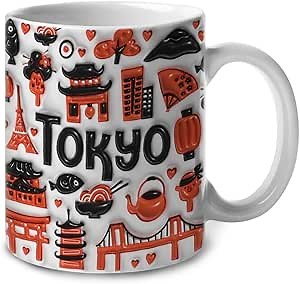 Lotacy Tokyo Symbols Colorful 2D Coffee Mug With Flag, 11oz Ceramic Mug, Tokyo Souvenirs and Gifts