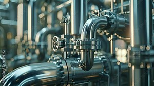 Detailed shot of a hightech biofuel processing machine with pipes and valves connected to a complex network of tanks and containers.