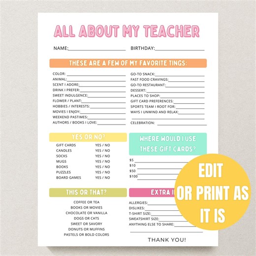Editable All About Me Survey Printable, Employee Favorites Questionnaire, Coworker Get to Know You Sheet Workplace Gift Idea, Canva Template - Etsy