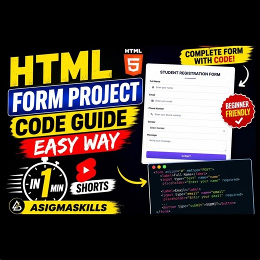🔥 HTML Form Project Tutorial in 1 Minute | Easy Code Guide for Beginners #Shorts #ASIGMASKILLS