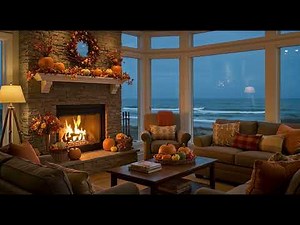 Autumn Evening at the Ocean🍁🌊 | Stone Fireplace and Ocean Waves for Relaxation and Sleep