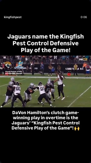 DaVon Hamilton’s clutch game-winning play in overtime is the Jaguars’ “Kingfish Pest Control Defensive Play of the Game”! 🙌 | Kingfish Pest Control