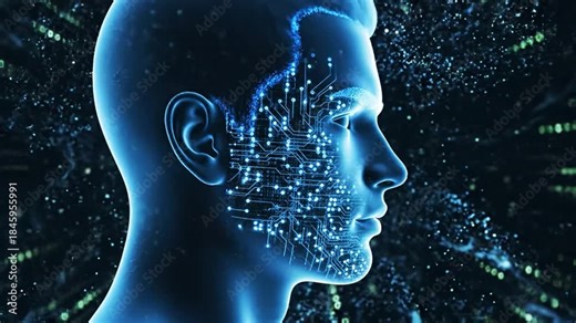 Digital human head profile with binary code and glowing circuit patterns artificial intelligence technology.