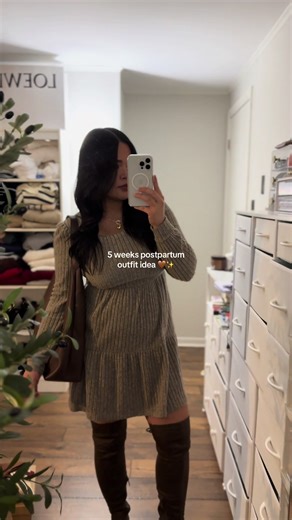 5 weeks postpartum outfit idea ft. this cute square neck long sleeve dress that has pockets!! Super stretchy and postpartum approved 🤎✨ #postpartumoutfits #bumpfriendly #winterdress #momoutfit #longsleevedress