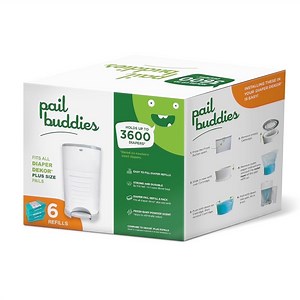 Pail Buddies Diaper Pail Refills for Dekor Plus, 6-Pack Refill Bags, Holds Up to 3,600 Diapers, Strong Disposable Liners with Odor Control, Baby Powder Scent