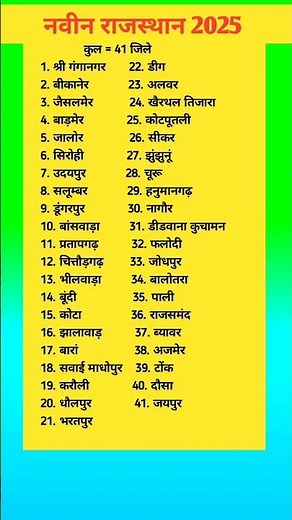 राजस्थान के 41 जिलों की नई लिस्ट 2025 | Rajasthan 41 Districts List | Updated Rajasthan Map raj gk