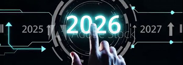 Hand touches 2026 on futuristic digital timeline interface with years 2025 and 2027. Interactive technology concept for year selection, business planning, future strategy, calendar navigation, target
