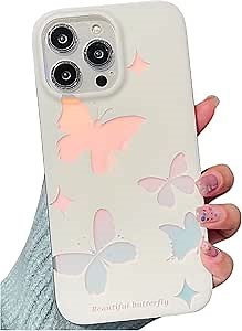 Compatible with iPhone 14 Pro Max Case for Women Girls, Glitter Silver Pink Orange Butterflies Pattern, Slim Hard Clear Bumper Protective Phone Cover for iPhone 14ProMax (Shining Butterfly)