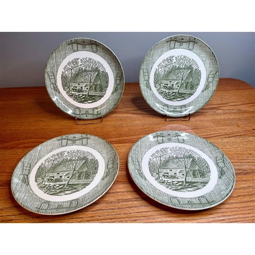 Vintage Currier & Ives Dinner Plates: Royal China Old Grist Mill, Green Set of 4 - Etsy