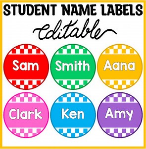 Round Bright Checkered Student Name Labels, KG Bright Colors Name Plates