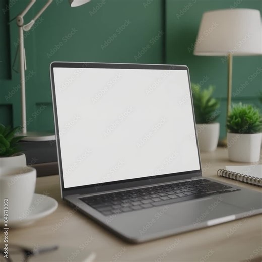 Modern Workspace Setup Featuring an Open Laptop with a Blank Screen on a Desk with a Lamp and Plants