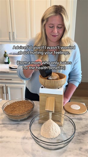 Freshly milled flour has a learning curve… but it is NOT as complicated as the internet makes it sound. • You don’t have to be a “good baker” to do this. I had never baked 6 months ago. • Start with muffins or pancakes… not sourdough. They are easy, tasty, and practical. • Fresh flour absorbs more liquid (don’t panic) just keep your dough hydrated and always allow it to rest. If it looks too dry it probably is, just add more liquid! • If you sift out the bran & germ… you’re basically buying dead