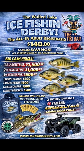 **Derby registration update** Adult Anglers now have two registration options via the website. $65.00 Adult registration which gets you entered into the $5,000.00 in fish category prize money, a chance at catching the $10K Greenhouse tagged pike, and 1 entry into the NEW Grand Door Prize or a 2026 Yamaha Grizzly 450 4X4! And for the folks who like to into everything the derby offers, hoodies and sponsored ice gear items we have the ALL-IN Adult Registration for $140 that includes the standard Ad