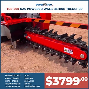 The TCR1500 Walk Behind Trencher features a powerful engine capable of ripping through even the most clay ridden ground. With is easy to control throttle it can go as fast or as slow as you'd like with a cutting width of 100mm and depth up to 600mm deep as well as an adjustable cutting angle controlled by a notched spring loaded adjusting mechanism. #Equip4You #Austter #Trencher | Equip4you