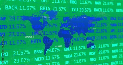 Animation of blue numbers and stock market statistics rolling over a grid and blue world map
