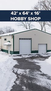 A little holiday magic, but make it post-frame construction. ✨ Watch this 42' x 64' x 16' hobby shop in Hebron, Indiana, come together. This walkthrough video highlights the classic design details, including a 3' x 4' mansard overhang, 36" wainscot, 12" overhangs, (1) 3' x 6' walk door, and (1) 10' x 9' overhead door frame-out, and (1) 12' x 14' overhead door frame-out. 🛠️ . . . #fbibuildings #polebarn #postframe #construction #hobbyshop #residential #reel #reels #reelsfb #reelsvideo | FBi Buil