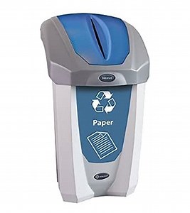 Nexus 8G Paper Recycling Bin (Gray, Blue Sticker) – 8-Gallon Recycling Container for Indoor Use – Compact Office Recycling Bin for Used Paper – Plastic