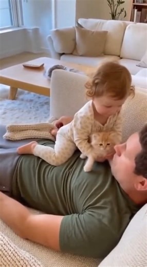 This is the cutest thing you'll see all day! 😍 Watch as an adorable little one decides it's the perfect moment for a special introduction between their fluffy kitten and daddy! Little did they know, the kitten had its own way of saying hello! 😼 Here's what went down: * An adorable baby gently presents a tiny, ginger kitten to their dad, who's relaxing on the couch. 👶🧡 * The baby brings the kitten right up to dad's face for a precious moment. 🥰 * Suddenly, the kitten lets out an unexpected, 