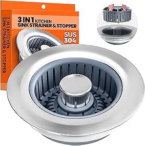 Kitchen Sink Drain Strainer - Upgraded Kitchen Sink Stopper,Sink Stopper Kitchen Drain,Stainless Steel Drain Plug with Anti-Clog Basket Drain Stopper Combo,for Standard 3-1/2'' Drain,Grey