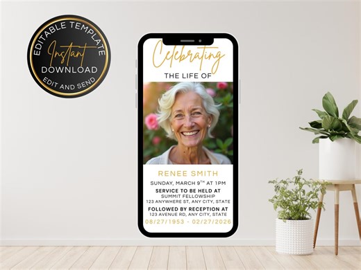 Digital Funeral Invitation, Celebration of Life Evite, Death Announcement, Celebration of Life Phone Invitation Minimal Funeral Invite GPF01 - Etsy
