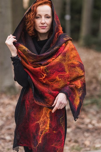 Nuno Designer Scarf in Silk and Wool 'flame of the Fire Horse' Dark Red Nuno Felted Shawl, Large Felted Wrap, Ukraine Shop - Etsy