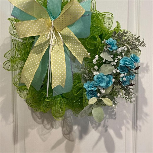 Spring Deco Mesh Wreath, Blue Rose Front Door Wreath, Lime Green Wreath, Farmhouse Floral Wreath, Handmade 12 Inch - Etsy