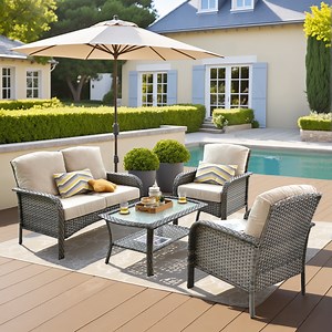 Toject 4 Pieces Patio Furniture Set, All-Weather Wicker Outdoor Furniture Loveseat Table Chairs Set for Porch, High Back Conversation Set for Backyard, Balcony, Beige