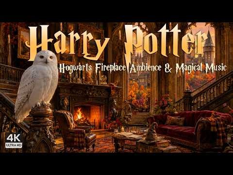 Autumn Castle Grand Hall Fireplace Ambience 🦉🔥Hogwarts Window View & Relaxing Magical Music