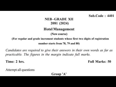 NEB Class 12 Hotel Management 2080/2081 Questions Paper for upcoming exam 2083/2026