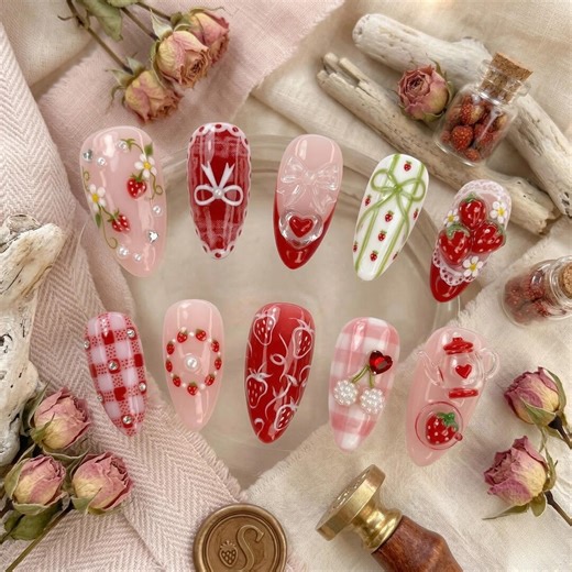 Strawberry Fruit Press on Nails, Cute Red Pink Dessert Nail Design, Kawaii Aesthetic Handmade Gel Press on Nails, Sweet Nail Set - Etsy