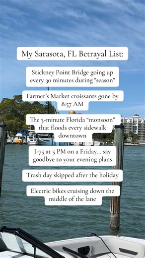 🫣 I love Sarasota… but it’s betrayed me a few times 😉 You know you’re from Sarasota when Bridge goes up right when you’re running late, Tamiami Trail crawls at 5 PM, and snowbird season (where turn signals go to die, lol). Add in paid parking everywhere, humidity so thick you can chew it, and tourists slowing down on the John Ringling Causeway to point at the water like they’ve never seen the ocean before 🌊—chef’s kiss. And let’s not forget the electric bikes riding in the middle of the lane,