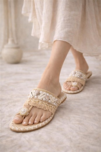 Handmade Jute Sandals Women | Boho Shell Pearl Embellished Flats Summer Beach Wedding - Etsy