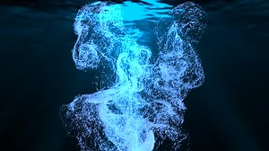 Deep underwater illuminated Ocean bubbles motion.