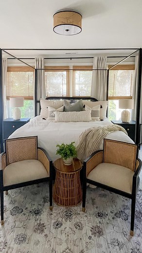 Canopy room is done 🙌🏻 Believe it or not, this room 100 years ago was a sleeping porch. Back then, homes didn’t have HVAC like we do today, so families would all sleep out in the sleeping porch together. When we purchase the home the floor was so uneven and slanted heavily towards the back, which they built on purpose that way for rain runoff. We evened the floor out and restored to this. I’m in love - especially with the windows in here! #bedroom #bedroomdecor #bedroomdesign #bedroominspo #be