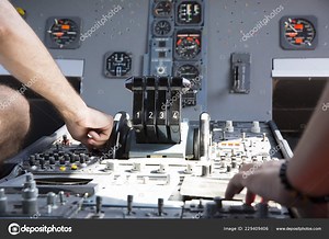 Airplane Pilot Cockpit Center Control Panels Closeup High Detailed View