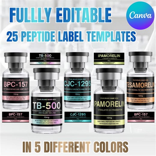 Peptide Label Templates Bundle, Peptide Printable Labels, Peptide Therapy Canva Template, Peptide Marketing LABEL Template - Etsy