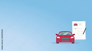 Car insurance document, report. Passenger car insurance. Paper agreement checklist or loan checkmarks form list approved with automobile icon, vehicle financial, car dealership legal deal.