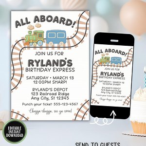 Train Birthday Invitation Printable: Choo Choo Party Invite, Pastel Railway Theme, Editable Template Download - Etsy