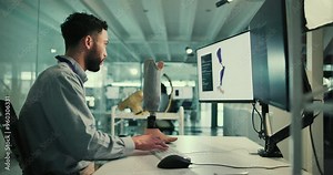 Prosthetic, screen or man on computer for model, inclusive device or future 3d development. Prosthetist, research or typing design for artificial limb innovation, foot or leg mobility engineering