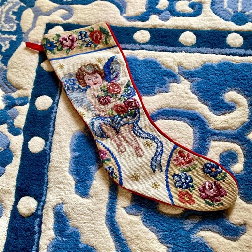 Vintage Wool Needlepoint Christmas Stocking W/ Cherub Angel W/ Floral Roses, Hand Stitched Holiday, Grandmillennial Traditional Christmas - Etsy