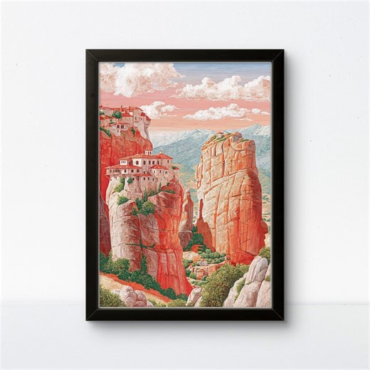 Meteora Monastery Poster: Red Cliffs Wall Art - Etsy