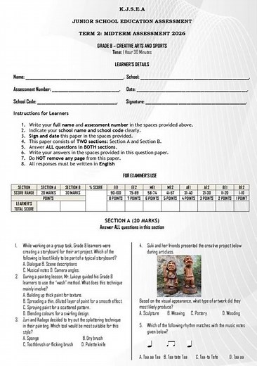 Grade 8 Creative Arts and Sports Mid Term 2 2026 Exam